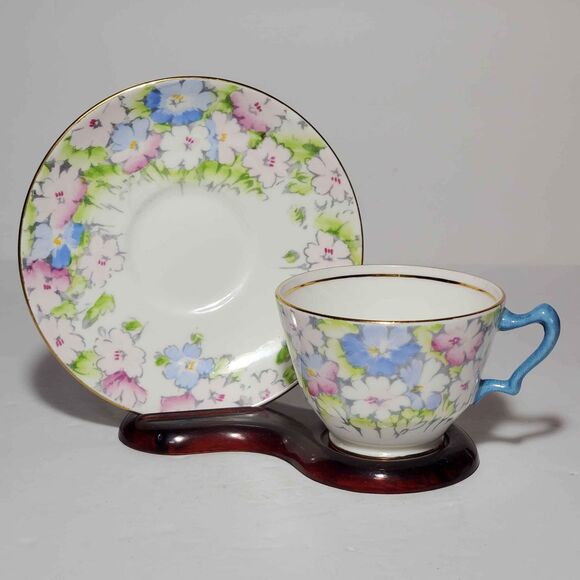 Crown Staffordshire Teacup and Saucer Pink Blue Flowers - Picture 2 of 10